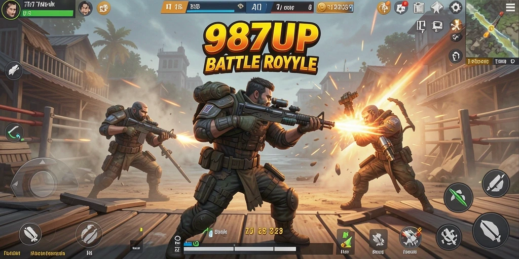Screenshot utama 987UP menampilkan intensitas pertempuran Battle Royale.