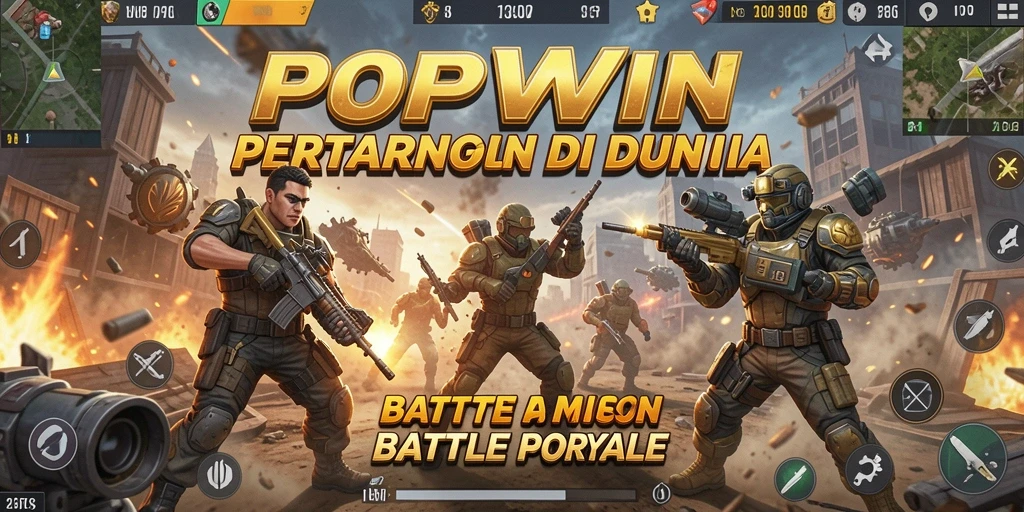 Screenshot utama POPWIN menampilkan aksi seru dalam pertarungan Battle Royale.