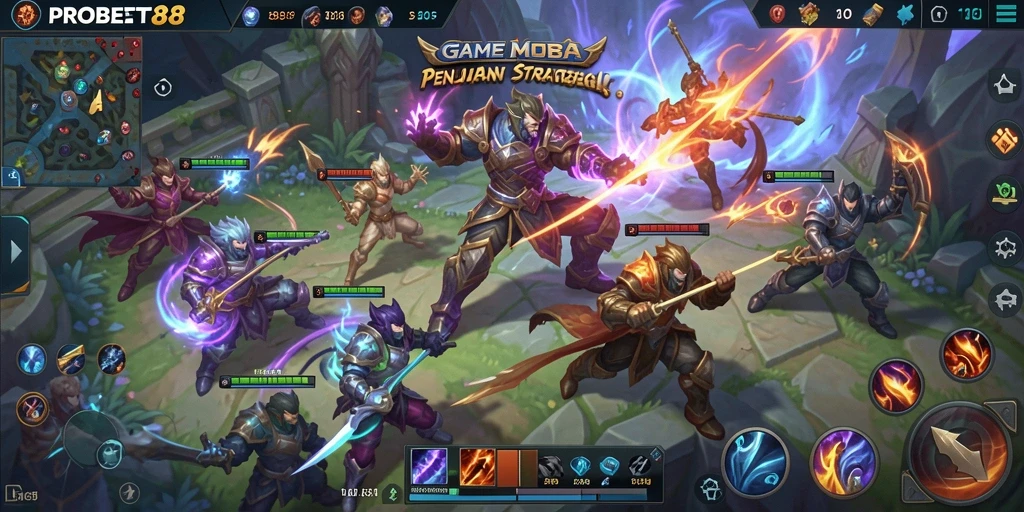 Screenshot gameplay <strong>PROBET88</strong> menampilkan pertarungan tim yang seru.